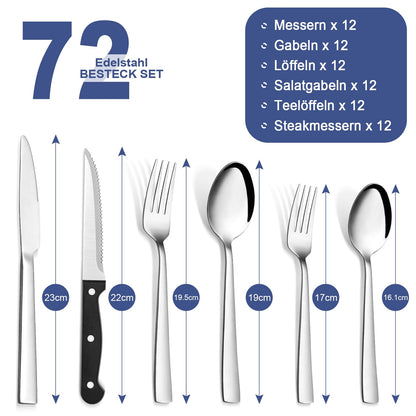 Bastwe Besteckset 72-teilig Edelstahl mit Steakmesser für 12 Personen