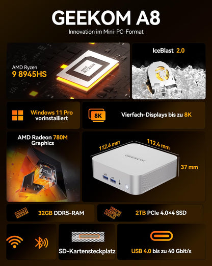 GEEKOM A8 Office Mini-PC – AMD Ryzen 9 8945HS, 32GB RAM, 2TB SSD