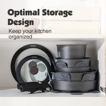 SENSARTE 17-tlg. Antihaft Kochgeschirr Induktion, abnehmbarer Griff - Schwarz