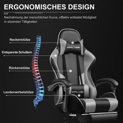 GTPLAYER Gaming Stuhl Bürostuhl Massage Fussstuetze Grau