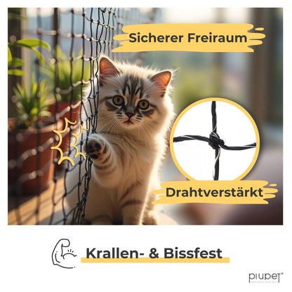 PiuPet Katzennetz drahtverstärkt 4x3 m schwarz inkl. Befestigungsset
