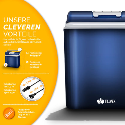 tillvex Kühlbox elektrisch 24L 12V/230V Kühlt & Wärmt – Blau