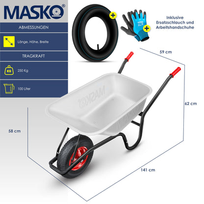 MASKO Bauschubkarre 100L 250kg - Luftreifen, verzinkt m. Ersatzschlauch
