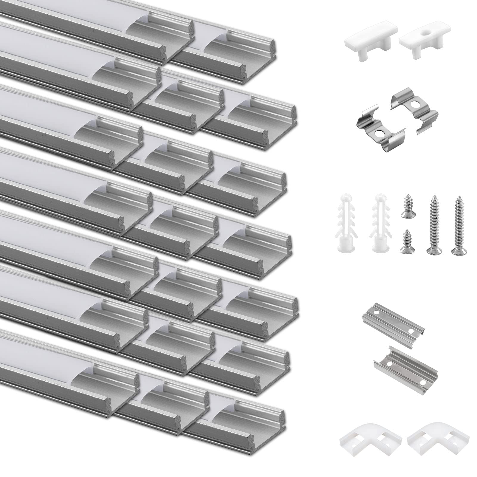 Efishine LED-Profil Aluminium U-Form 20 x 1 m, milchige Abdeckung, 20er-Set mit Endkappen und Montageclips