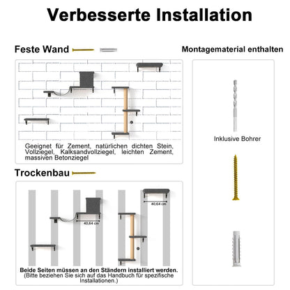 FUKUMARU Katzen Kletterwand Set Holz 10-teilig – Grau