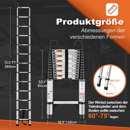 HBTower 3.8m Teleskopleiter - Aluminium mit Haken Silber