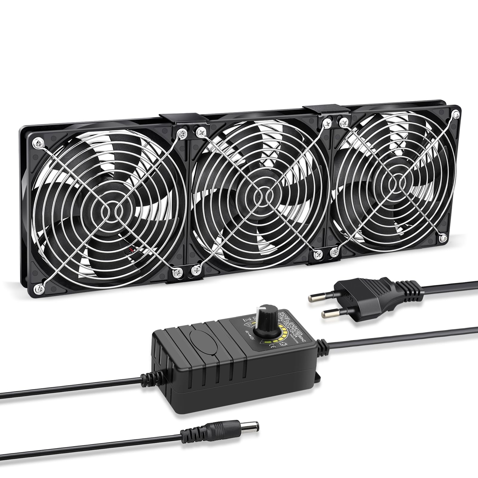 GDSTIME 3x 120mm Gehäuselüfter Set 230V - Einstellbare Geschwindigkeit. Schwarze Lüfter mit quadratischem Rahmen kühlen Gehäuse, Geschwindigkeit regulierbar.