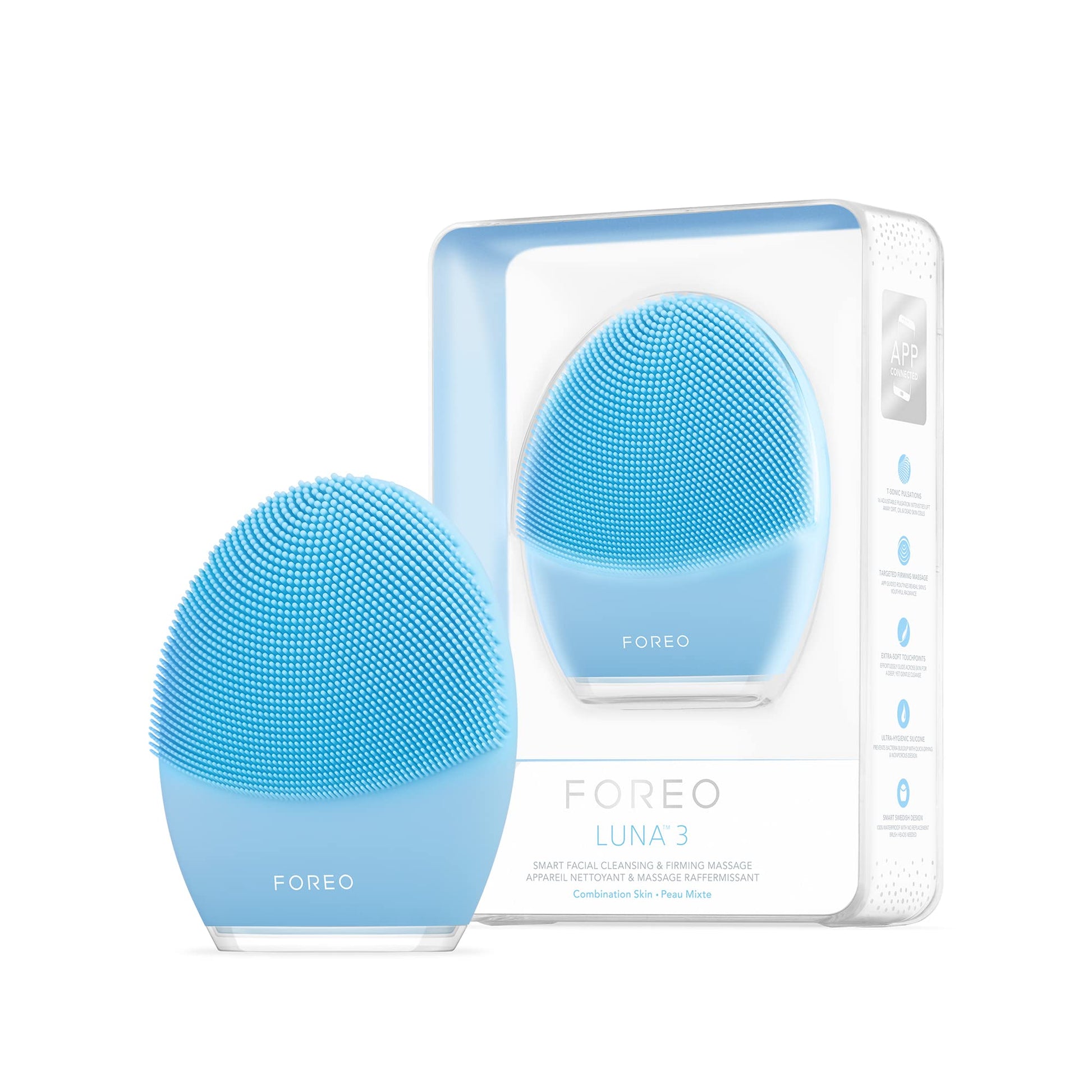FOREO LUNA 3 Mischhaut Gesichtsreinigungsbürste. Runde, mintgrüne Silikonbürste. Reinigt und massiert das Gesicht mithilfe von T-Sonic Pulsationen zur Entfernung von Unreinheiten.
