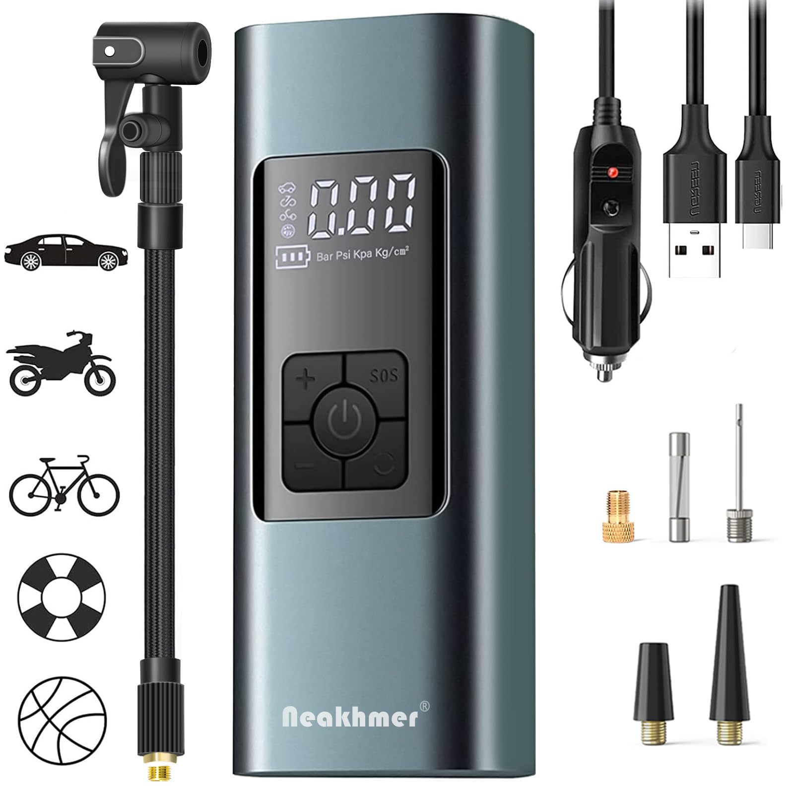Neakhmer Akku-Reifenpumpe 12V Mini-Luftkompressor mit Manometer, kompakt mit LCD-Display und LED-Beleuchtung