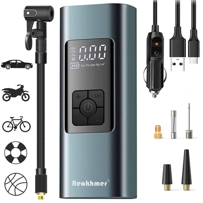Neakhmer Akku-Reifenpumpe 12V Mini-Luftkompressor mit Manometer, kompakt mit LCD-Display und LED-Beleuchtung