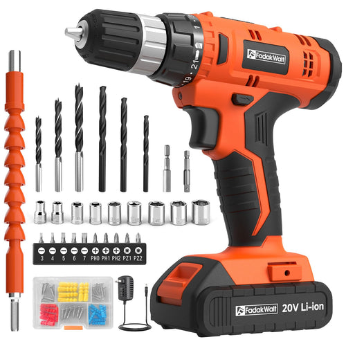 FADAKWALT Akkuschrauber 20V 30Nm mit 60-tlg. Zubehör-Set, 2-Gang, orange
