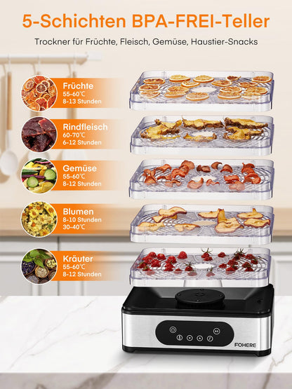 FOHERE Dörrautomat Edelstahl – 5 höhenverstellbare Tabletts