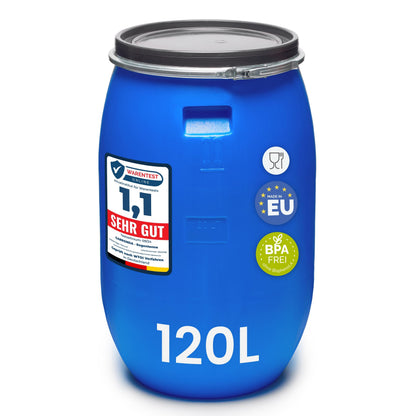 Garronda Weithalsfass 120 Liter HDPE Deckelfass blau GD-0078 mit Deckel und weitem Hals
