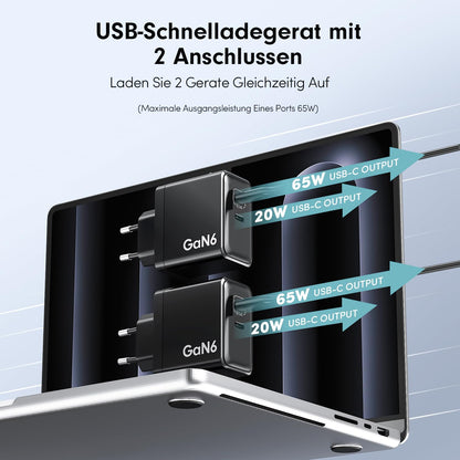 HSSNS 90W USB C Ladegerät, 2er-Pack GaN PD Schnellladegerät mit Kabel