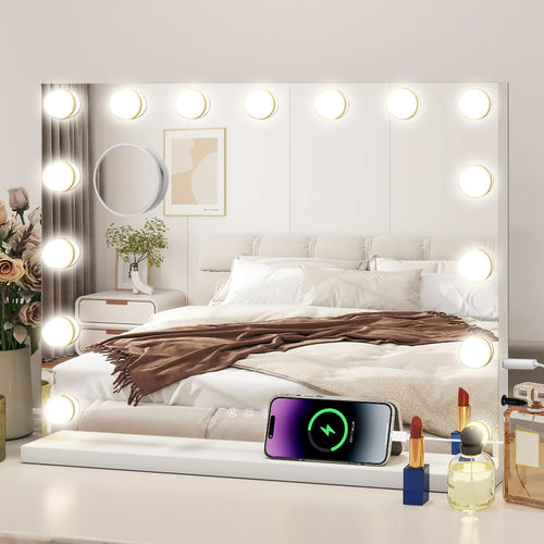 YU YUSING Schminkspiegel mit Beleuchtung 58x45 cm, 15 LED dimmbar - als Tisch- oder Wandspiegel nutzbar