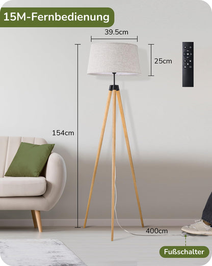 EDISHINE Stehlampe Dimmbar - Boho Holzstativ Leinen & Fernbedienung