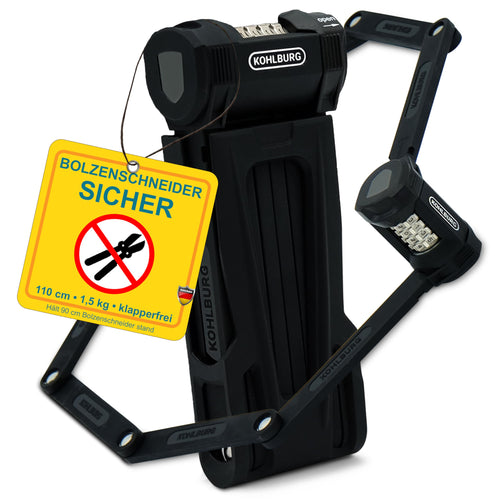 KOHLBURG Fahrrad Faltschloss - 110cm Zahlen bolzenschneidersicher. Schwarzes Gliederschloss. Sichert Fahrräder per Zahlencode.