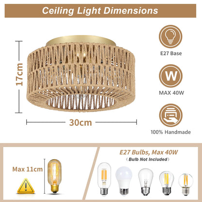 Rayofly Boho Deckenlampe HLF17, 3-flammig mit Rattan-Lampenschirm