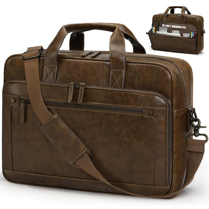 RAINSMORE Aktentasche Herren Laptoptasche 16 Zoll Vintage PU-Leder mit verstellbarem Schultergurt und Messingbeschlägen