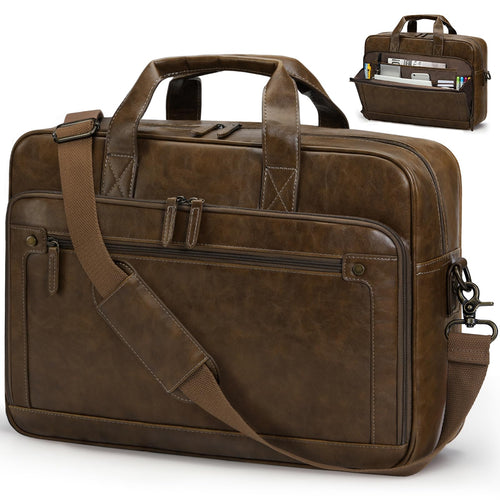 RAINSMORE Aktentasche Herren Laptoptasche 16 Zoll Vintage PU-Leder mit verstellbarem Schultergurt und Messingbeschlägen
