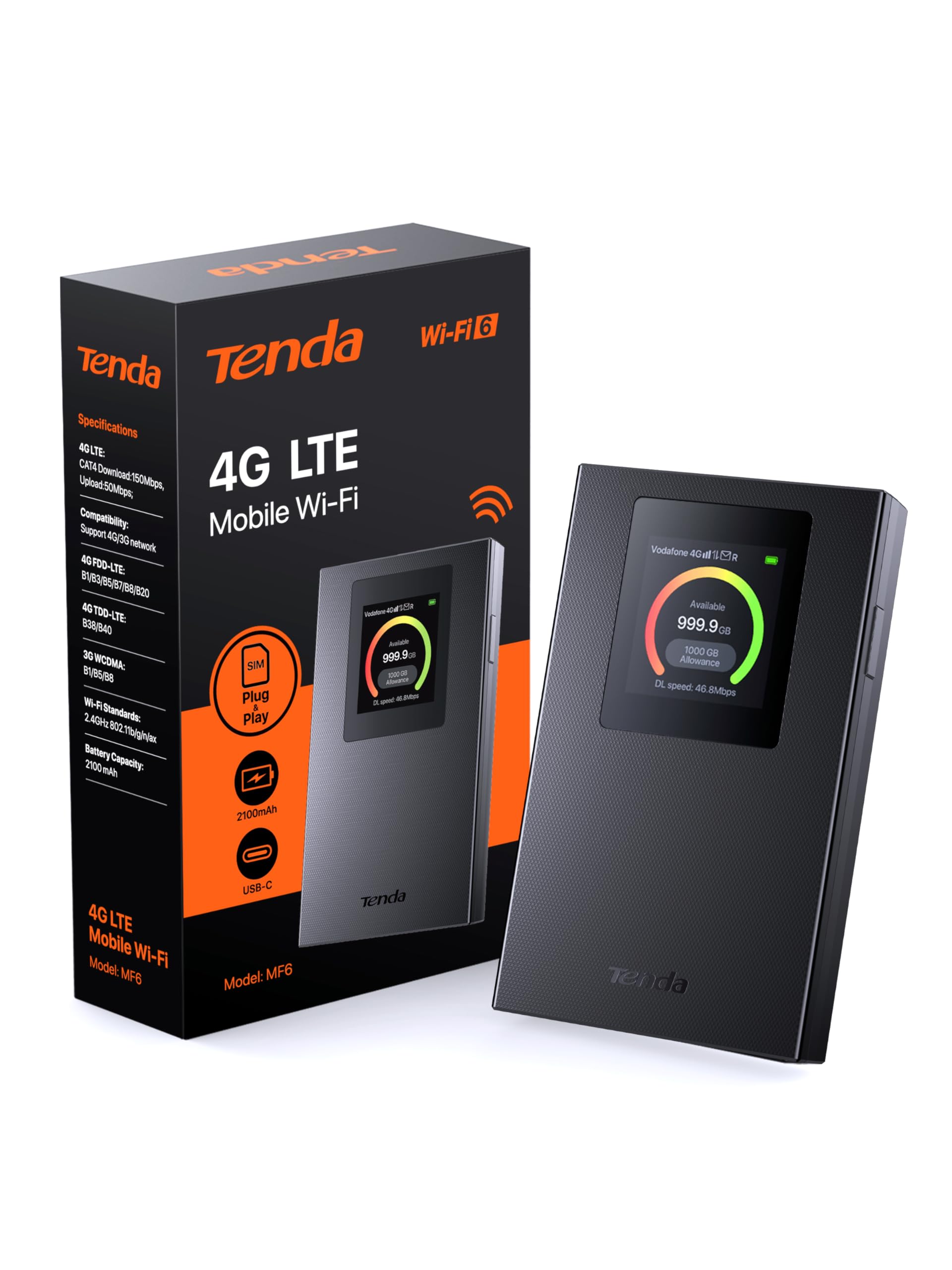 Tenda MF6 Mobiler WLAN Router, 4G LTE Hotspot mit Wi-Fi 6 und LCD-Farbdisplay im Kreditkartenformat