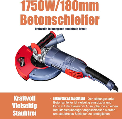 FANZWORK 1750W 180mm Betonschleifer – Komplettset mit Absaugung