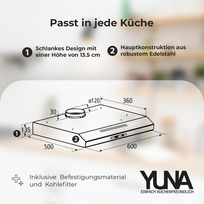 YUNA Mila KUBH 60205 Unterbau Dunstabzugshaube - Edelstahl 60 cm