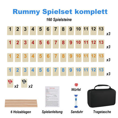 Wooderma Rummy Holzspiel – Set mit 160 Spielsteinen & 6 Holzhaltern