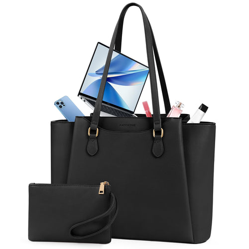 RAINSMORE Handtasche Damen Shopper, Laptoptasche 15,6 Zoll, Schwarz, PU-Leder, Tragehenkel und Clutch