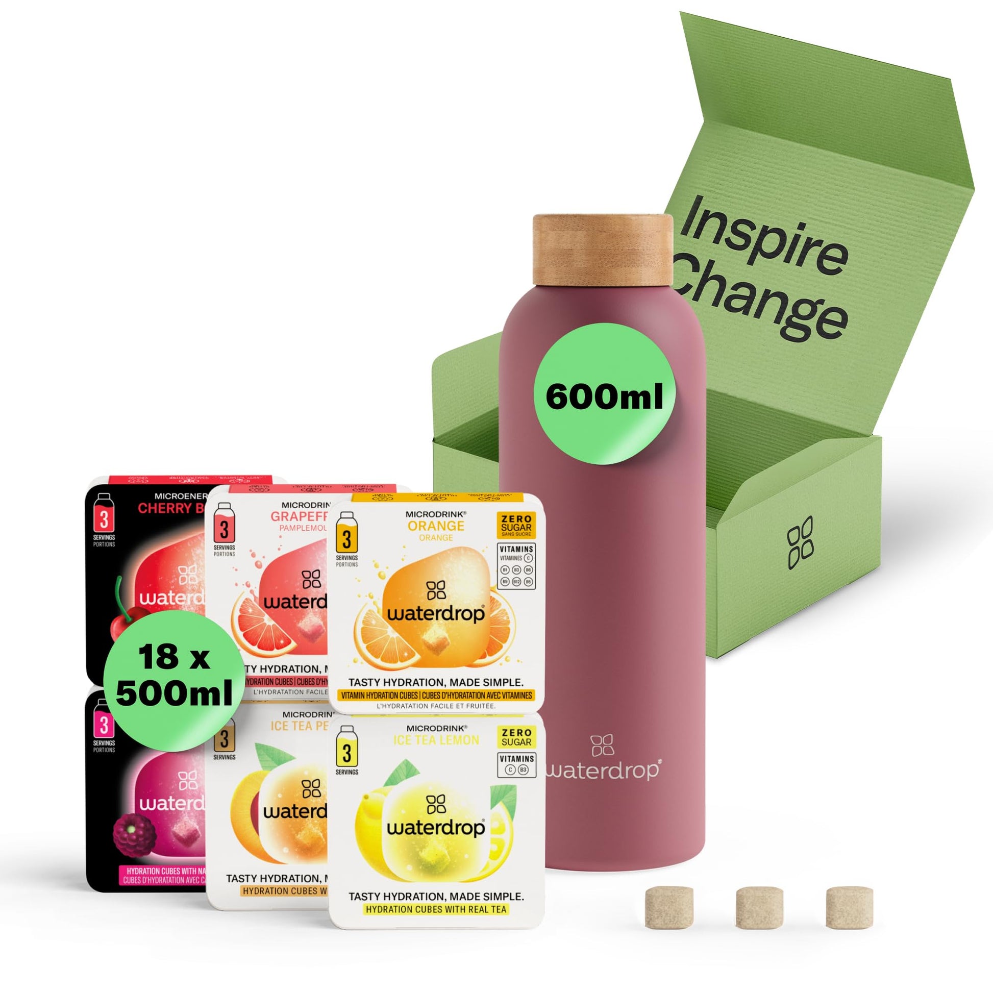 waterdrop Starter Set Edelstahl-Trinkflasche 600 ml + 18 Drops, doppelwandig, kohlensäuregeeignet