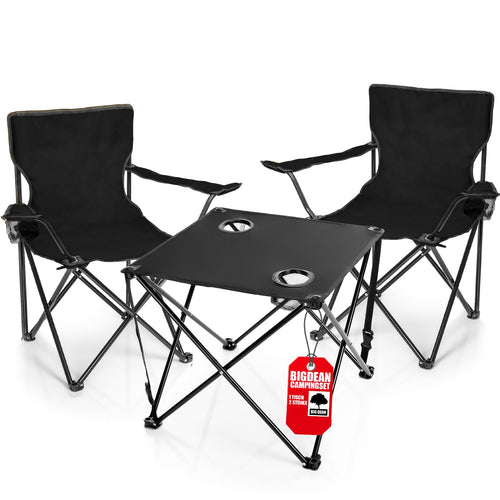 BigDean Campingset 2 Faltstühle mit Campingtisch faltbar schwarz, Stahlgestell und Getränkehalter
