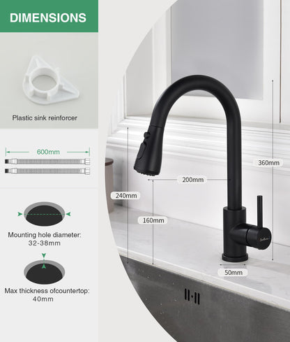 Baollansa Küchenarmatur BJQ2006 ausziehbar, 3 Strahlarten, schwarz
