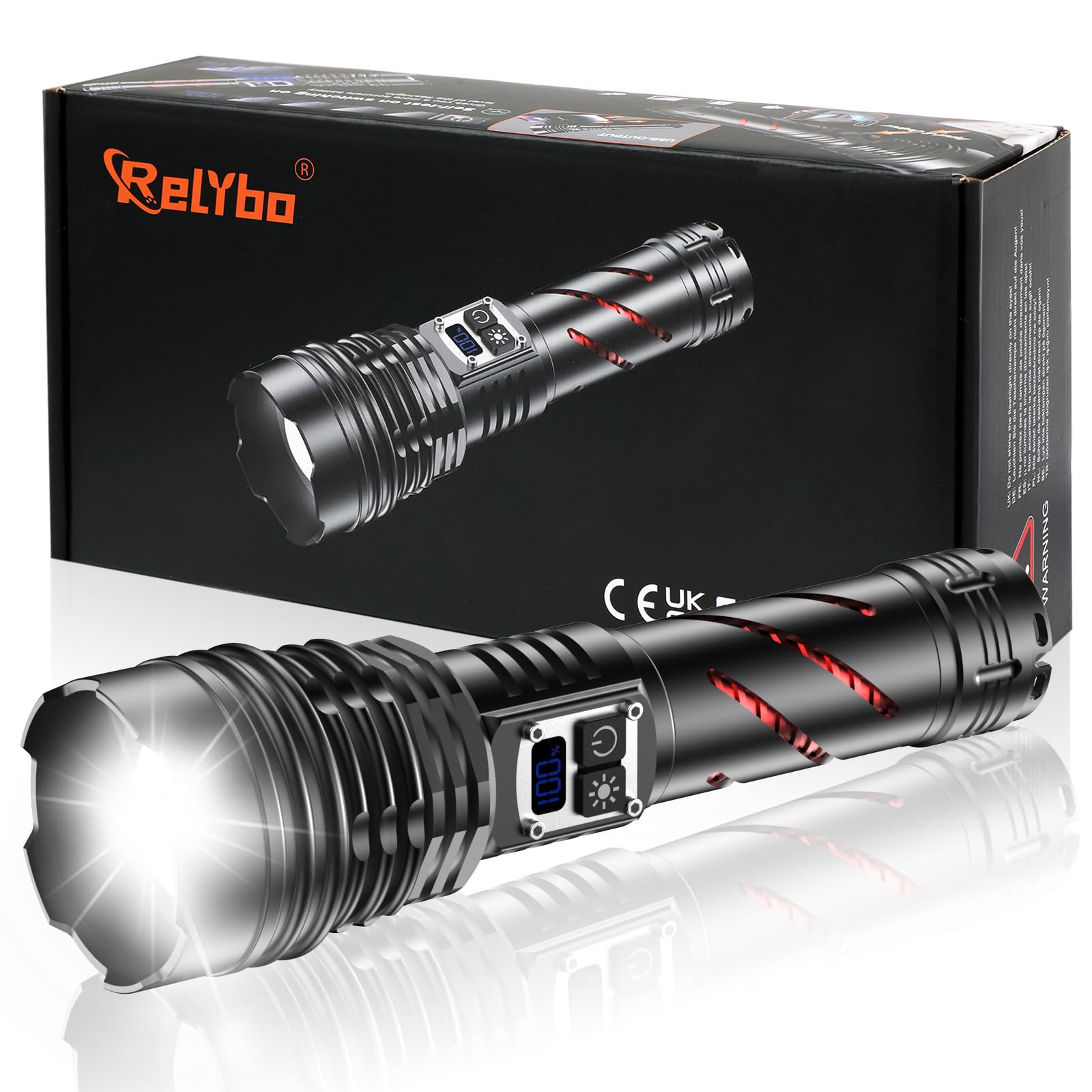 Relybo GT221 LED-Taschenlampe, USB aufladbar, stufenlos dimmbar, Aluminiumgehäuse, LCD-Display