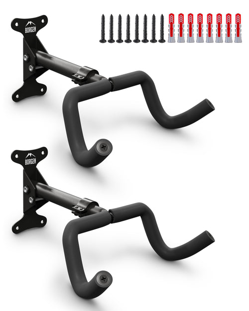 Borgen Fahrrad Wandhalterung. Schwarze Klapphalterung mit Tragarmen für MTB & Rennräder zur platzsparenden Wandmontage.
