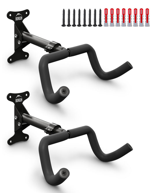 Borgen Fahrrad Wandhalterung. Schwarze Klapphalterung mit Tragarmen für MTB & Rennräder zur platzsparenden Wandmontage.