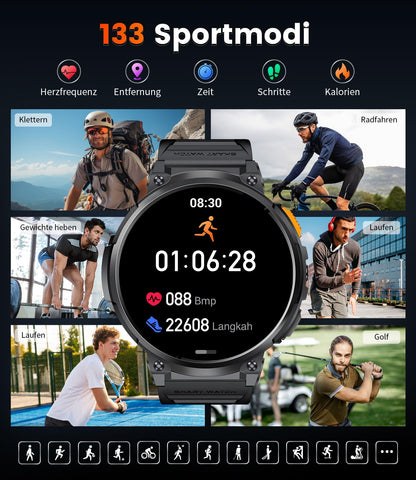 DREMAC FV6 Smartwatch Herren mit 1,85'' HD-Display und Taschenlampe