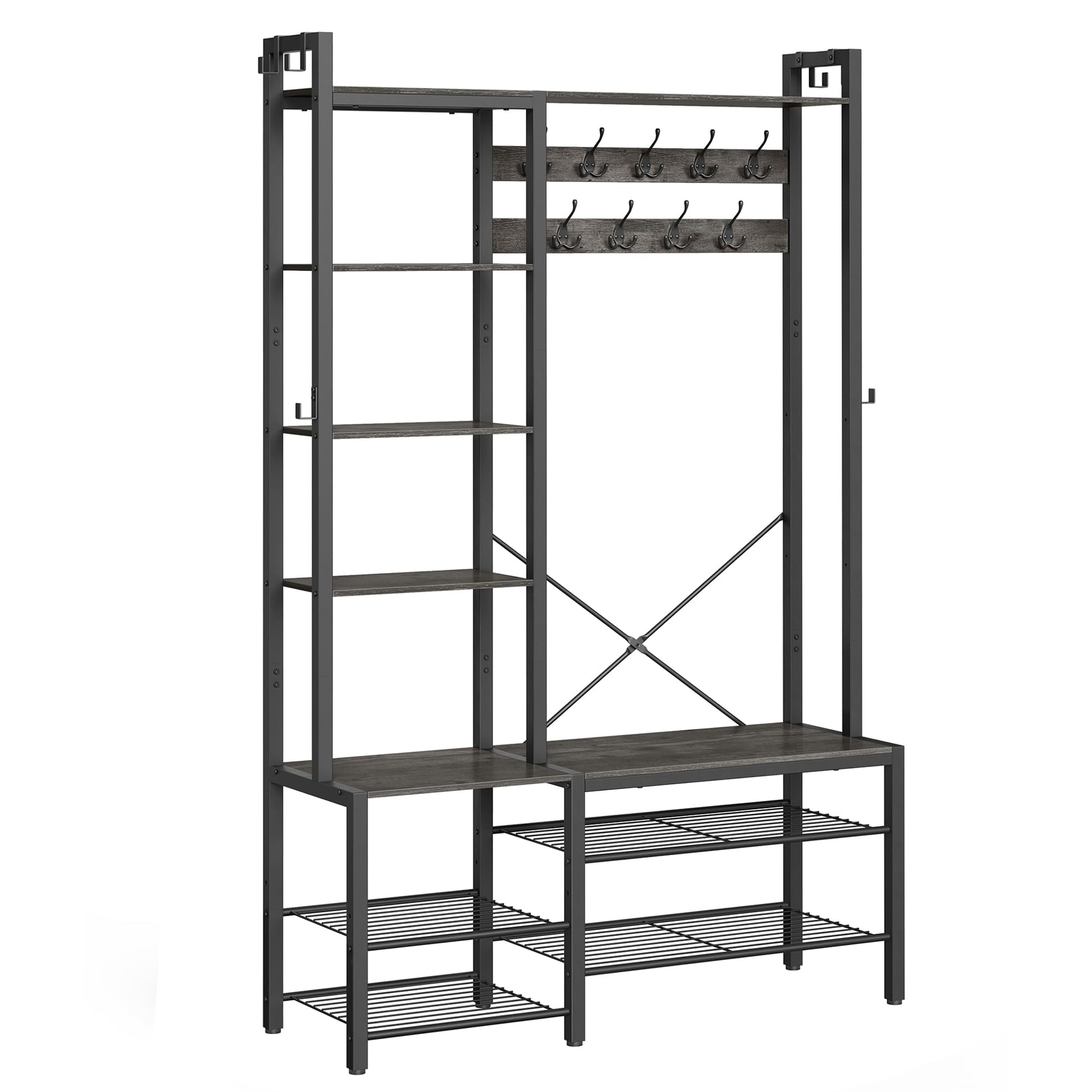 VASAGLE Garderobenständer mit Schuhbank – Steingrau-Tintenschwarz. Bietet Haken für Kleidung, Schuhablage und Sitzgelegenheit.