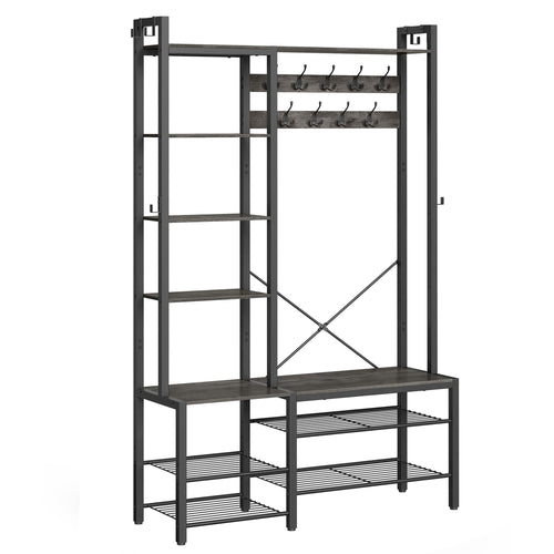 VASAGLE Garderobenständer mit Schuhbank – Steingrau-Tintenschwarz. Bietet Haken für Kleidung, Schuhablage und Sitzgelegenheit.