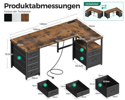 Coleshome Eckschreibtisch mit Schubladen & USB – Braun 140x70cm