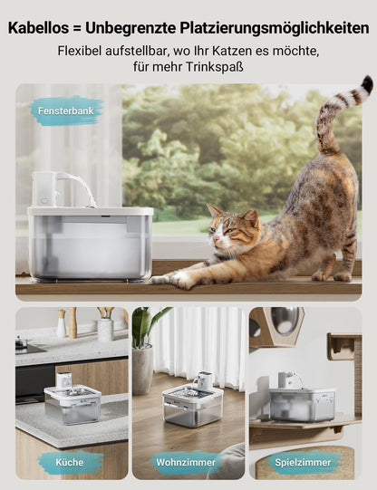 DownyPaws Katzenbrunnen kabellos, 2,5 L mit Bewegungsmelder