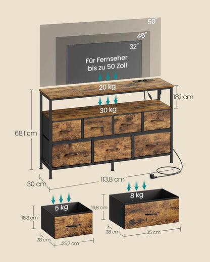 SONGMICS BELLAH Kommode mit Ladestation, LED-Beleuchtung, 7 Schubladen