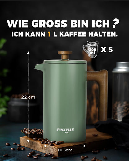 Poliviar French Press Kaffeebereiter 1 Liter, Edelstahl, Grün