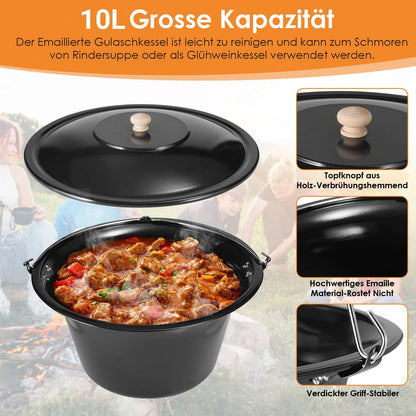 TLSUNNY Gulaschkessel 10L Emaille Set - Dreibein & Löffel