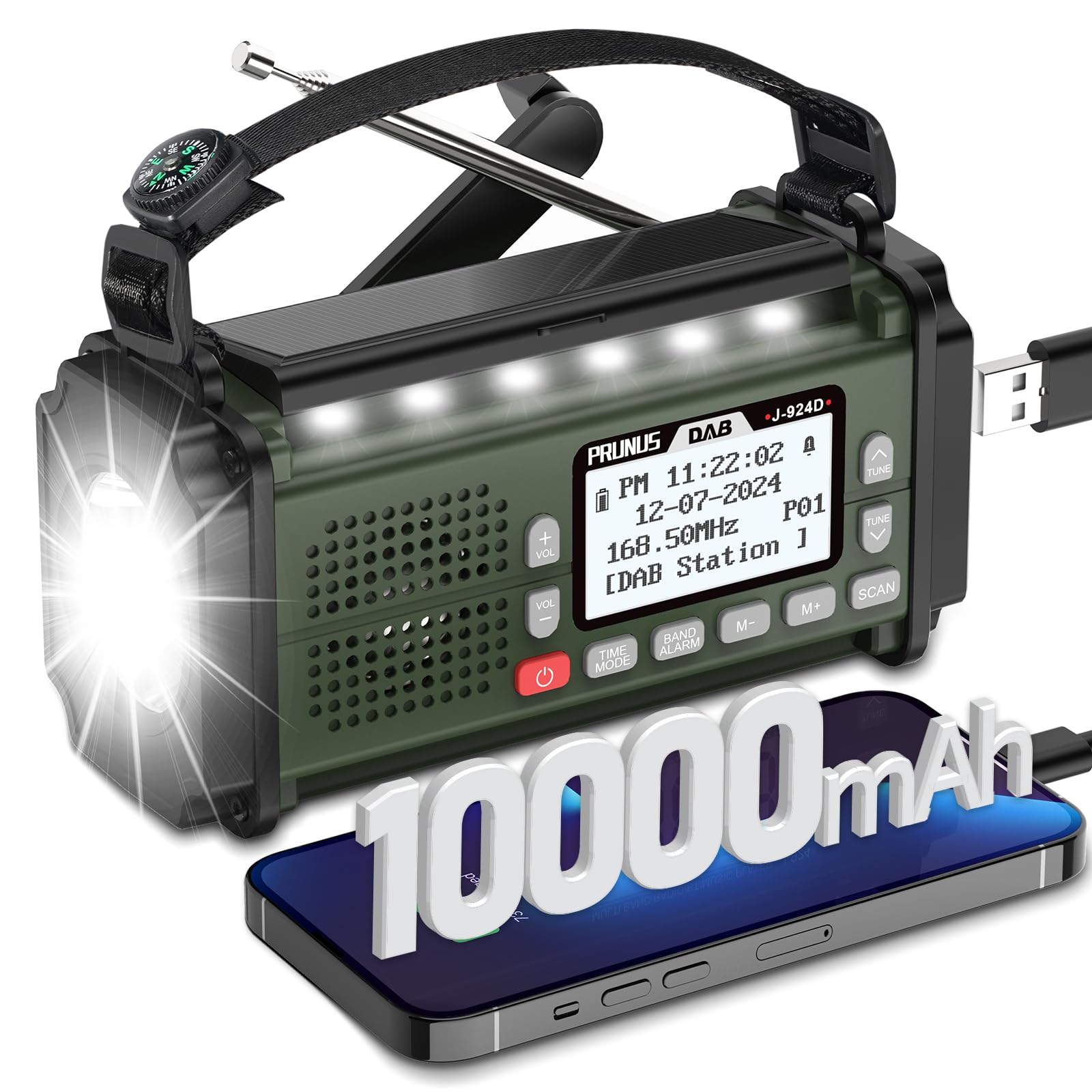 PRUNUS J-924 Kurbelradio DAB+/UKW Notfallradio mit Bluetooth, tragbar mit Handkurbel und einziehbarer Antenne
