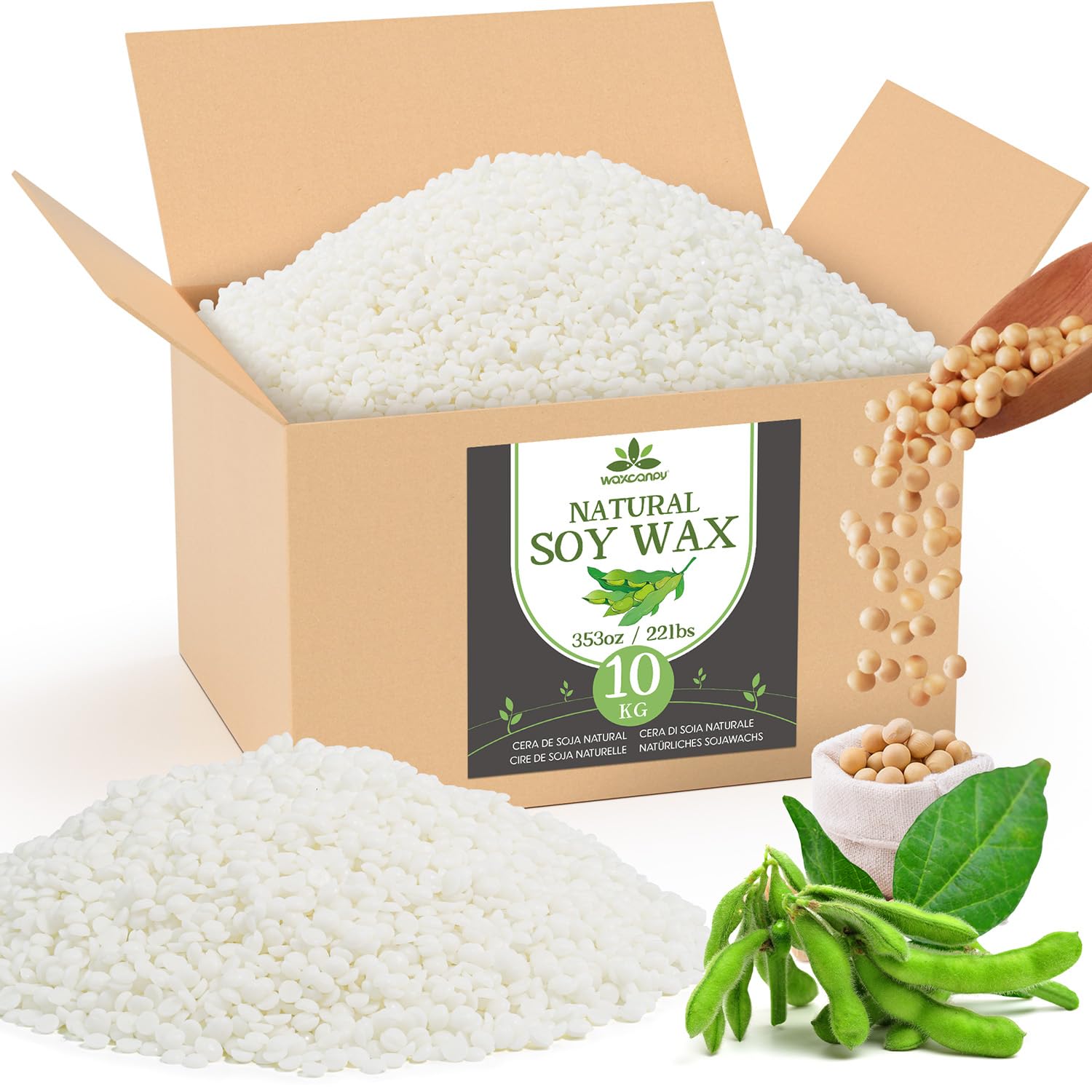 100% Natürliches Sojawachs Premium Kerzenwachs – 10KG. Cremefarbene Flocken, ideal zur Herstellung von Duft- und Gießkerzen.