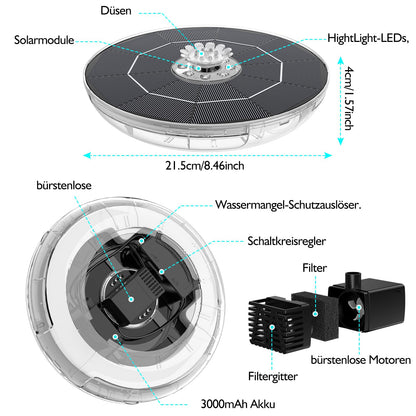 AISITIN Solar Springbrunnen 6,5W mit LED, Akku und 9 Düsen