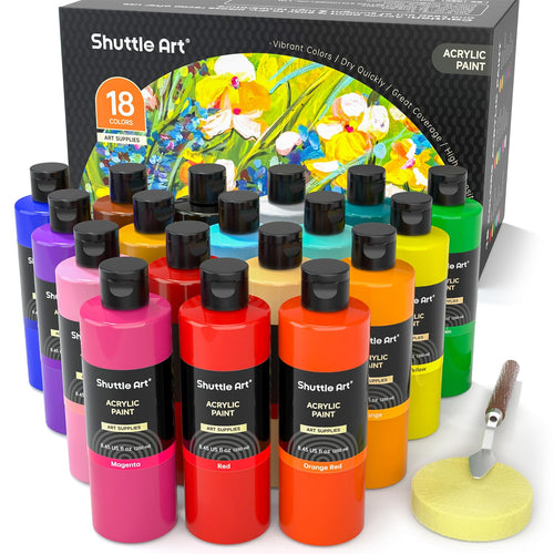 Shuttle Art Acrylfarben Set, 18 Farben à 250 ml, hochpigmentiert – Flaschen für Leinwand, Holz und Steine