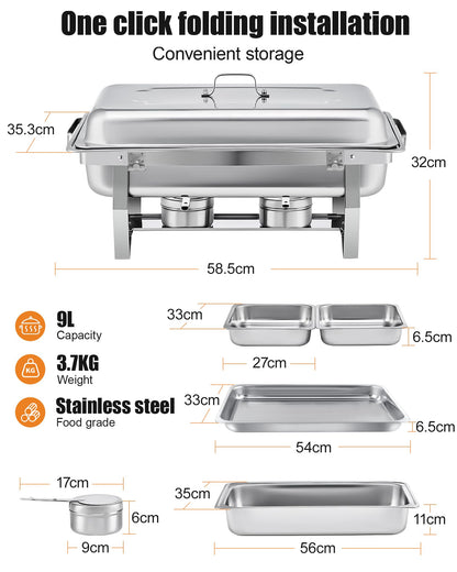 WENMILY Chafing Dish Set Warmhaltebehälter – 2x Quadrat Silber 9L