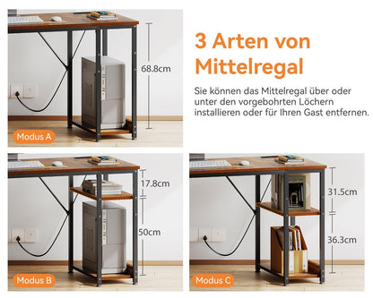 Coleshome Schreibtisch 130x48cm - Braun, Stoffschubladen, Steckdosen