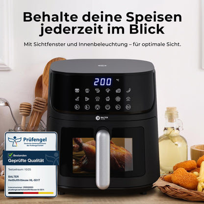 Balter Heissluftfritteuse 5,5 L Airfryer XXL mit Sichtfenster